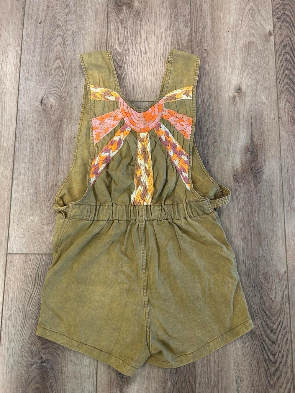 Chasing Unicorns Olive Green Denim Romper with Embroidered Waist Detail - Picture 5 of 8
